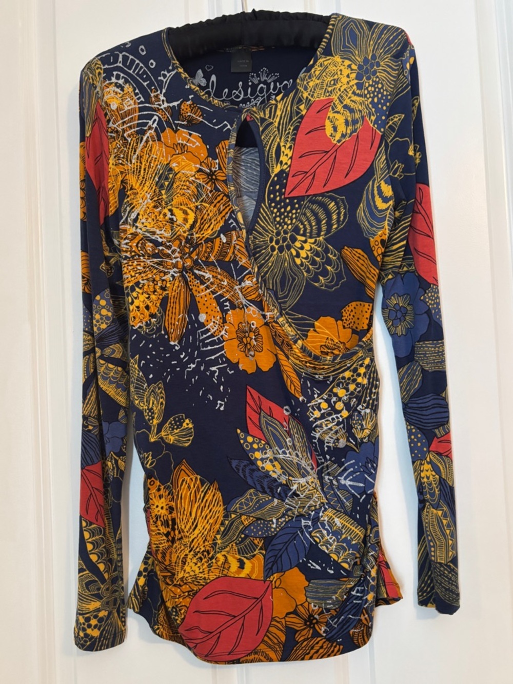 Desigual Navy Long-Sleeve Floral Wrap Top with Mustard & Red Accents. Size XS